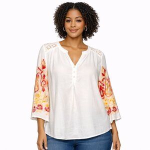 Zac & Rachel Off-White Embroidered Sleeve Blouse | Boho Top | Size L